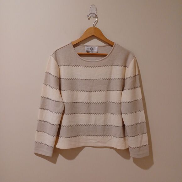 ST. JOHN SPORT Marie Gray Sweater Santana Knit Viscose Zig Zag Ivory/Gray Top M - Picture 1 of 8